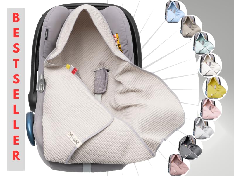 Swaddling Blanket Made of Waffle Fabric for Summer 100% Cotton Baby Blanket for Car Seat Cuddly Blanket for Prams Buggies e.g. Maxi Cosi Pink Beige 3 Point Strap (38) (Linen)