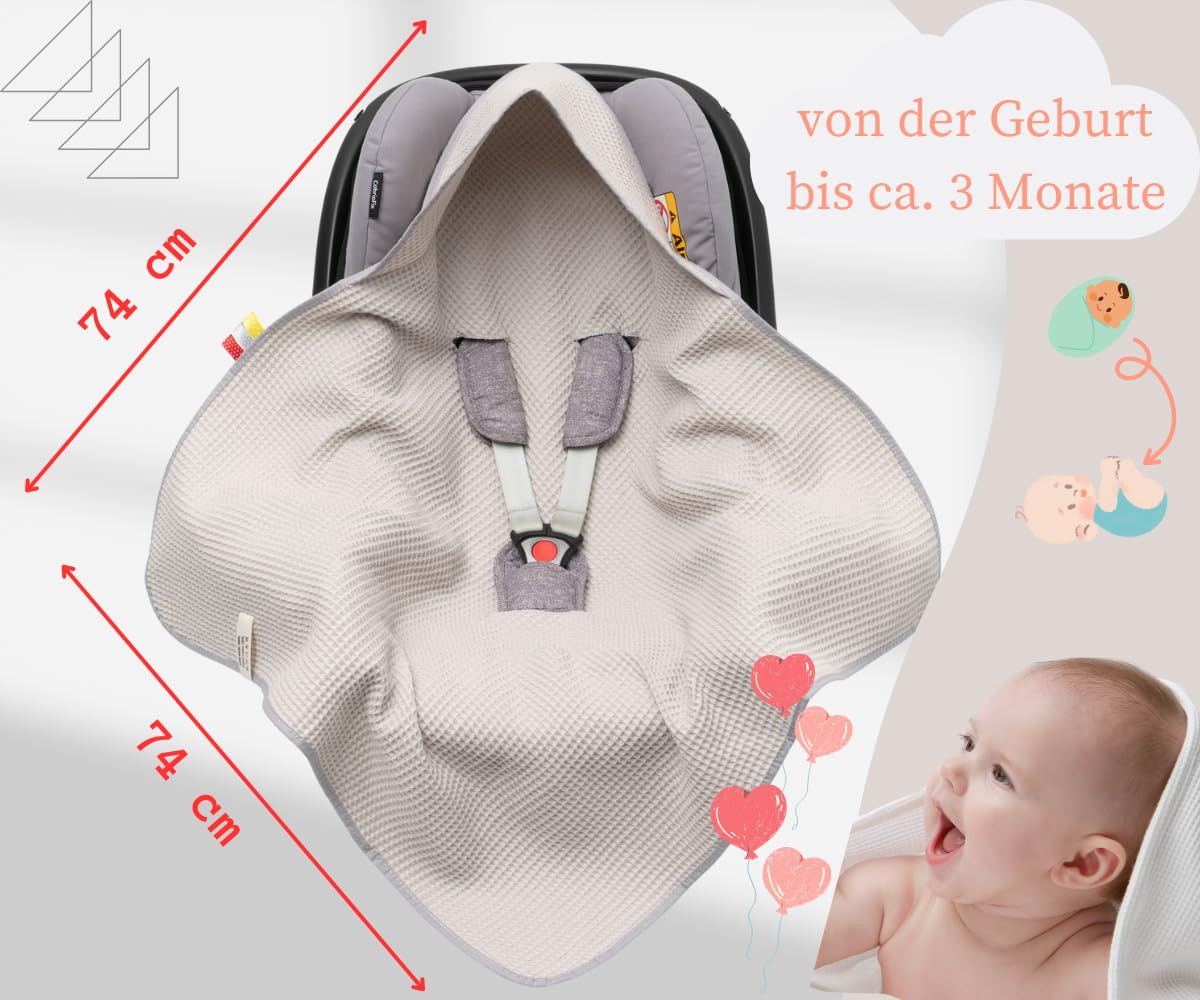 Swaddling Blanket Made of Waffle Fabric for Summer 100% Cotton Baby Blanket for Car Seat Cuddly Blanket for Prams Buggies e.g. Maxi Cosi Pink Beige 3 Point Strap (38) (Linen)