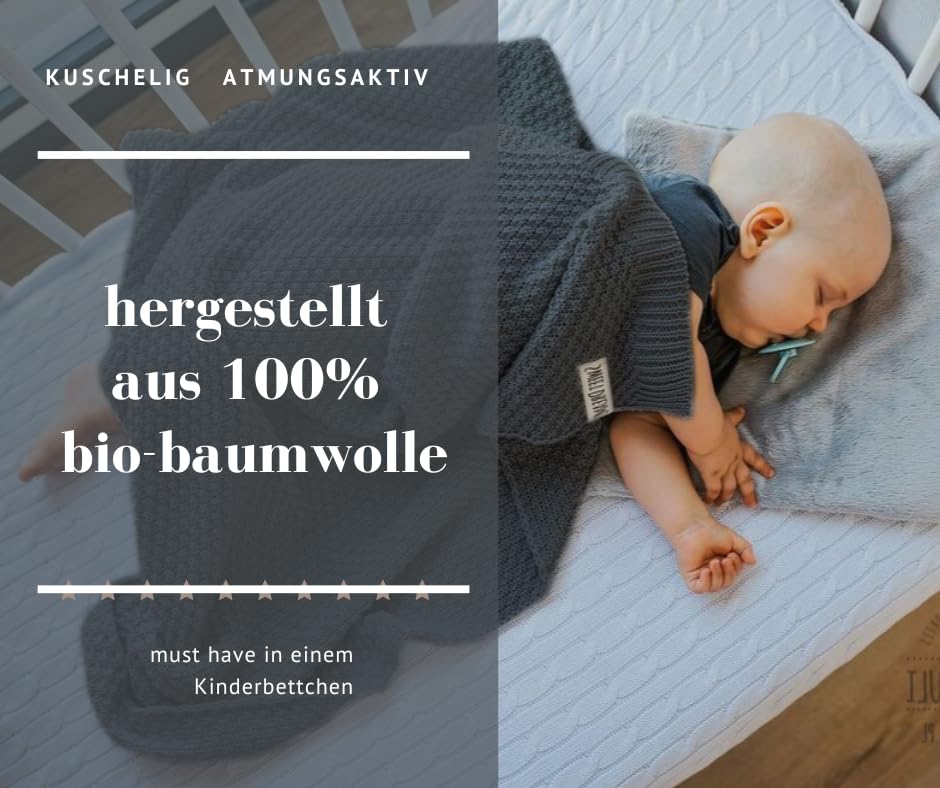 Mikos Babydecke GOTS 100% Bio Baumwolle-Weiche Strick Kuscheldecke Baumwolle-Warme Baumwolldecke für Neugeborene - Perfekt für Baby Erstausstattung - Vielseitige Baby Winterdecke (1043 Dunkelgrau)