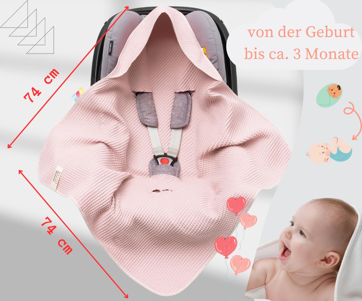 Swaddling Blanket Made of Waffle Fabric for Summer 100% Cotton Baby Blanket for Car Seat Cuddly Blanket for Prams Buggies e.g. Maxi Cosi Pink Beige 3 Point Strap (38) (Linen)