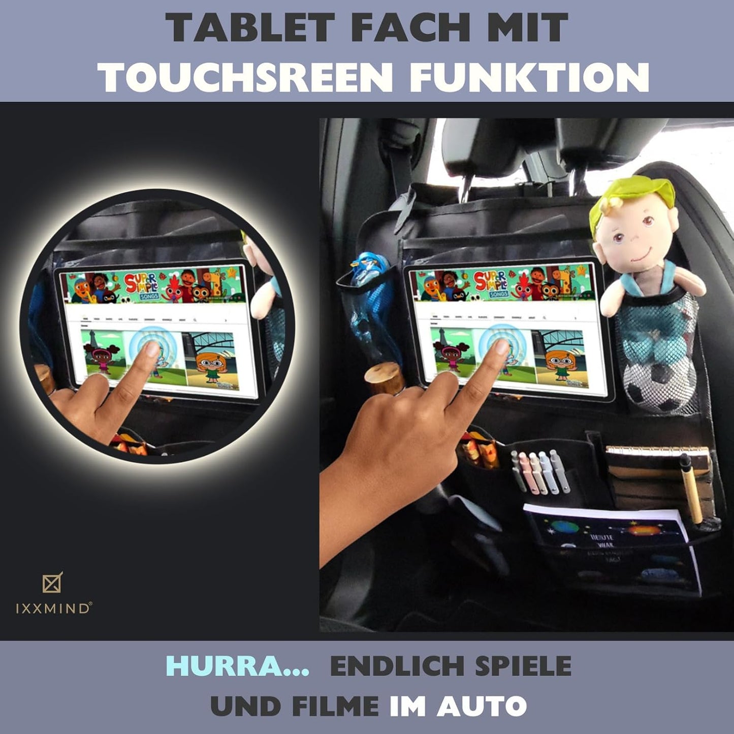IXXMIND® Backrest Protector Organiser 2 Car Back Seat Organiser, Car Organiser, Back Seat Protector Children with Tablet Compartment (Black) Waterproof