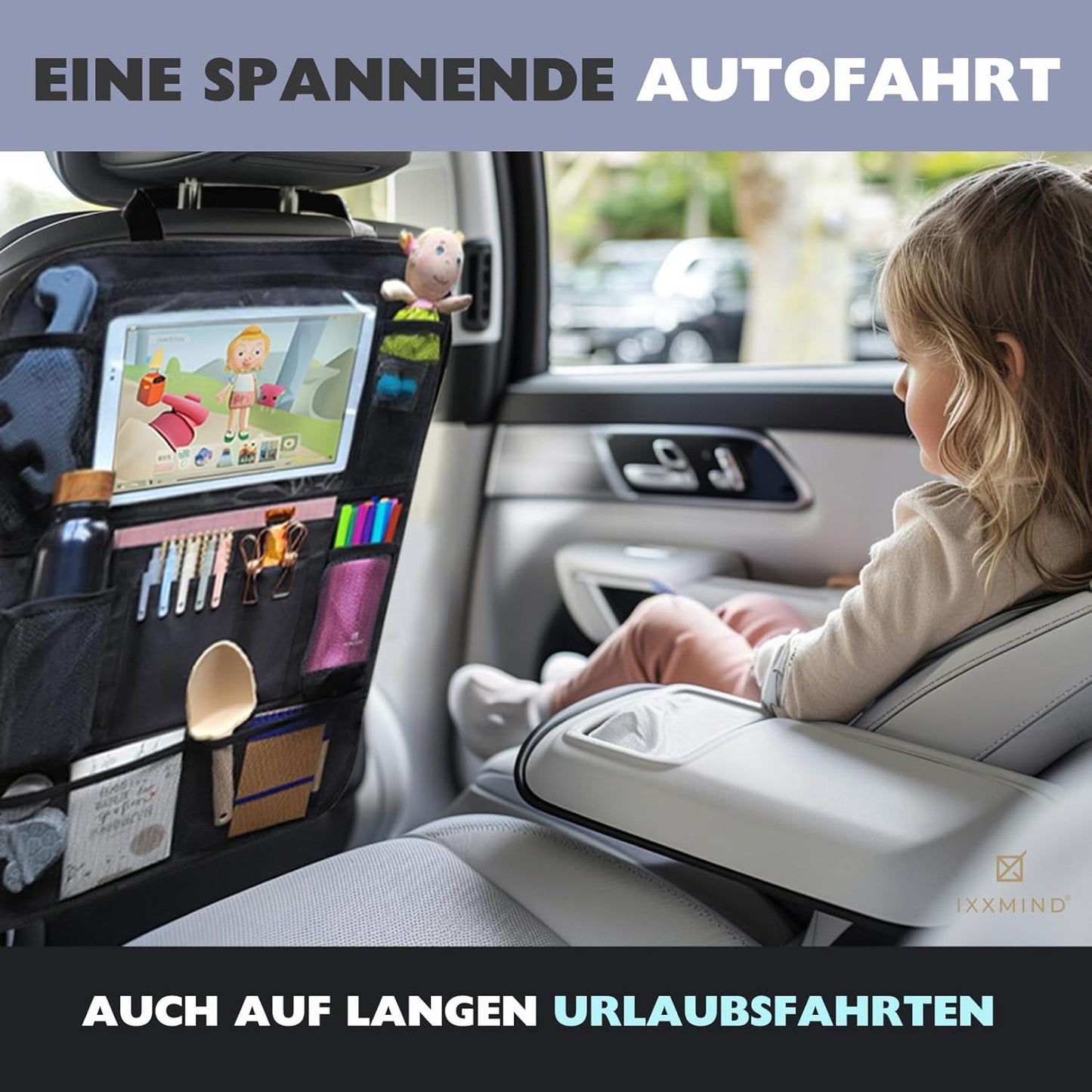 IXXMIND® Backrest Protector Organiser 2 Car Back Seat Organiser, Car Organiser, Back Seat Protector Children with Tablet Compartment (Black) Waterproof