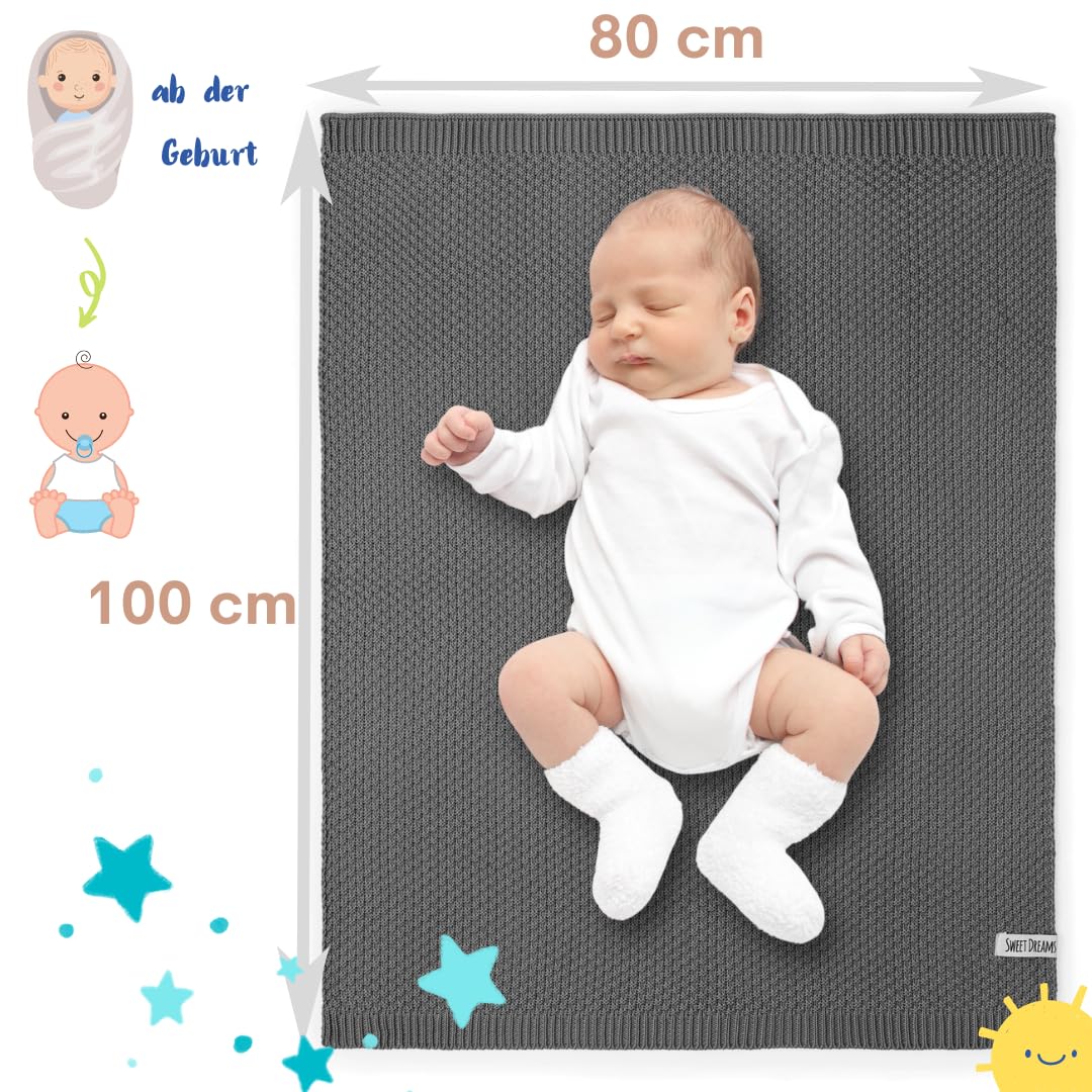 Mikos Babydecke GOTS 100% Bio Baumwolle-Weiche Strick Kuscheldecke Baumwolle-Warme Baumwolldecke für Neugeborene - Perfekt für Baby Erstausstattung - Vielseitige Baby Winterdecke (1043 Dunkelgrau)
