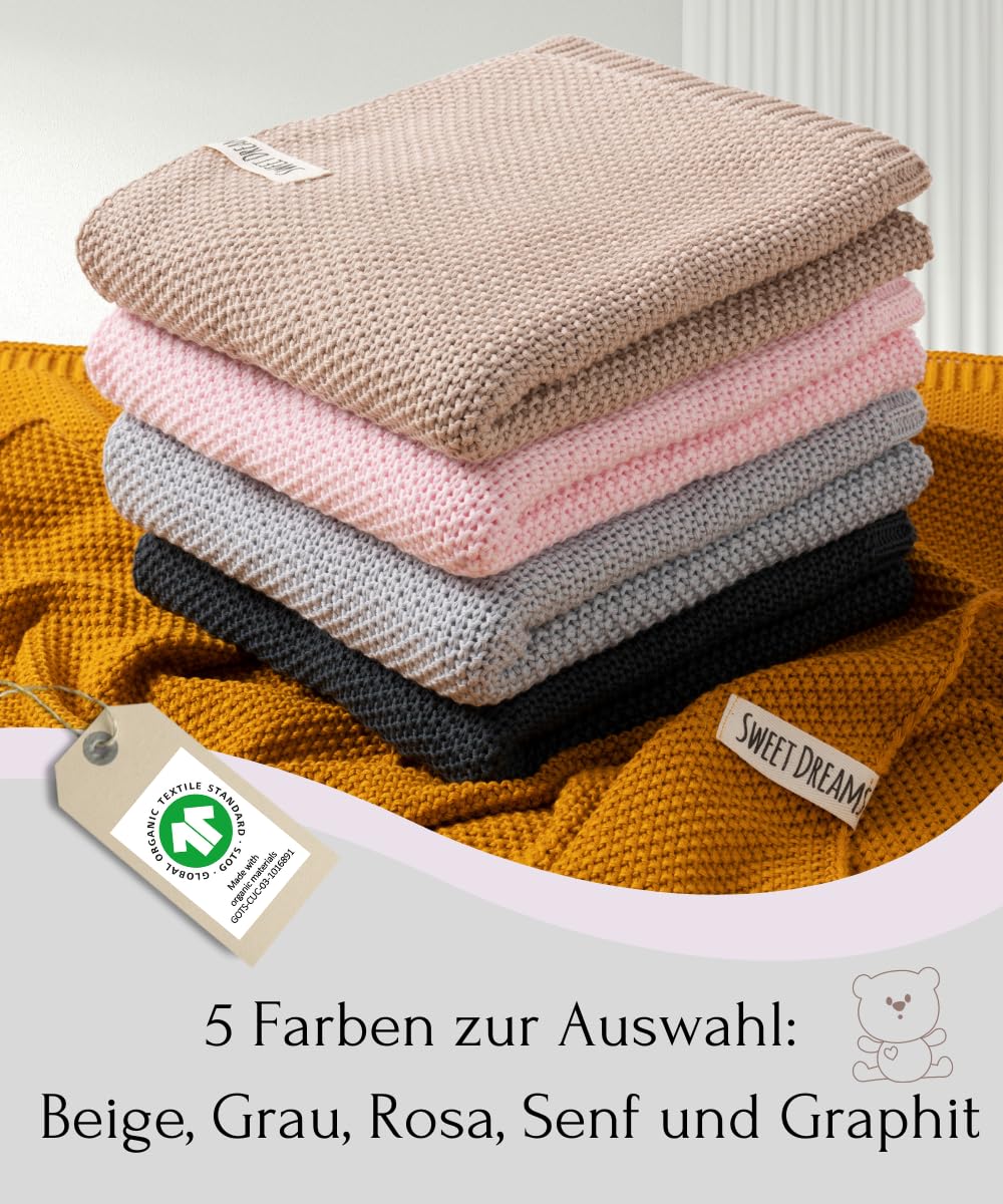 Mikos Babydecke GOTS zert. 100% Bio Baumwolle Strickdecke Baumwolldecke Warme Decke Kuscheldecke Mädchen, Jungen Baby Erstausstattung Für Neugeborene (1044) (Rosa)