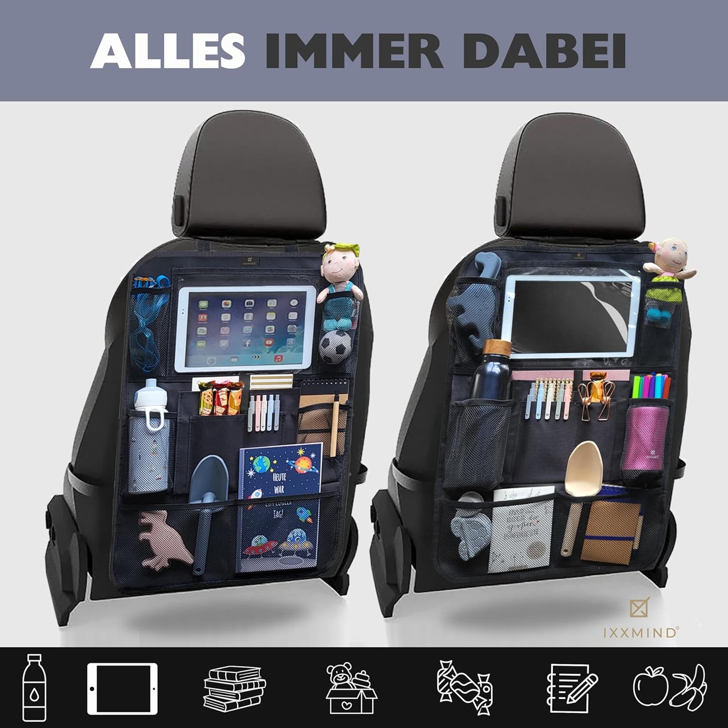 IXXMIND® Backrest Protector Organiser 2 Car Back Seat Organiser, Car Organiser, Back Seat Protector Children with Tablet Compartment (Black) Waterproof