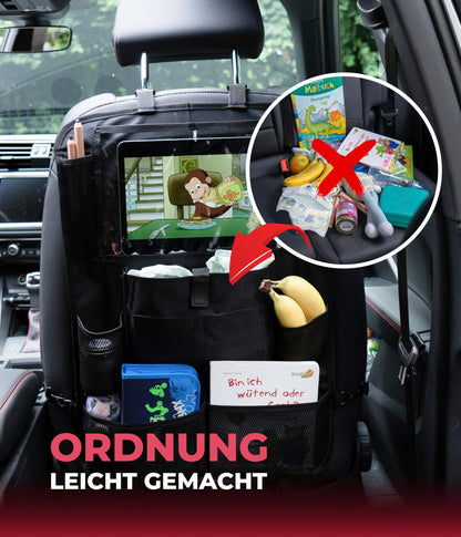 HerzensKind Rückenlehnenschutz und Organizer. Auto Organizer mit extra großem 13" Tabletfach und 9 Taschen. Sitzschoner mit Tablethalter für Autofahrten mit Kindern.(1 Stück)