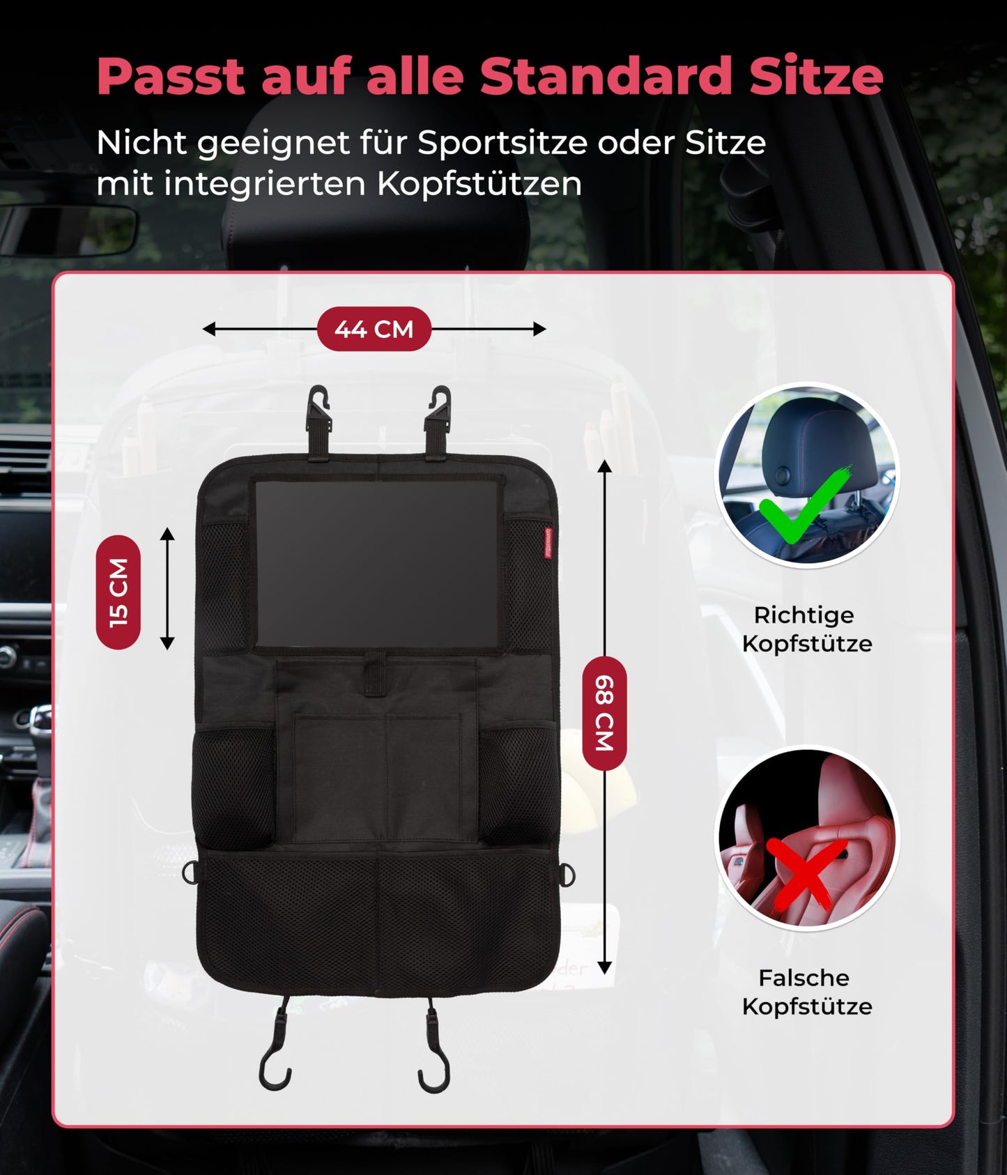 HerzensKind Rückenlehnenschutz und Organizer. Auto Organizer mit extra großem 13" Tabletfach und 9 Taschen. Sitzschoner mit Tablethalter für Autofahrten mit Kindern.(1 Stück)
