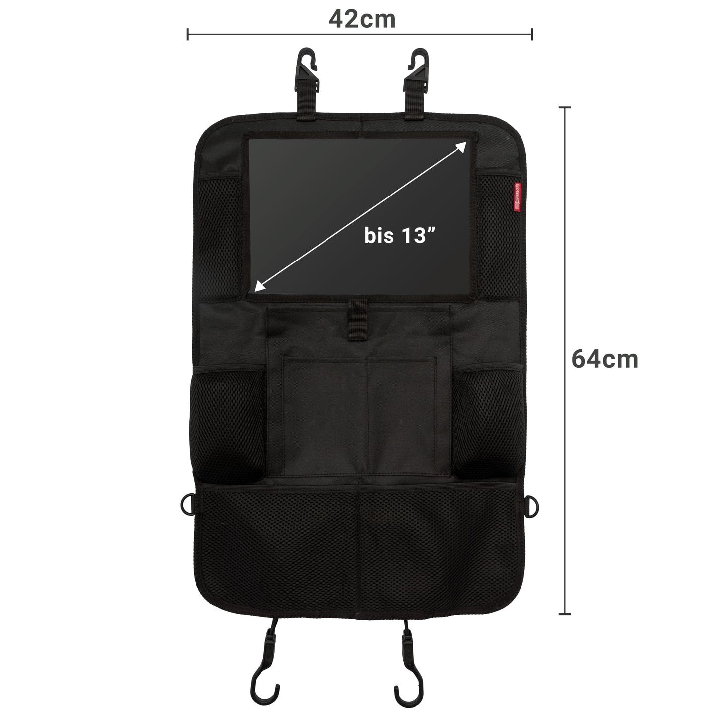 HerzensKind Rückenlehnenschutz und Organizer. Auto Organizer mit extra großem 13" Tabletfach und 9 Taschen. Sitzschoner mit Tablethalter für Autofahrten mit Kindern.(1 Stück)