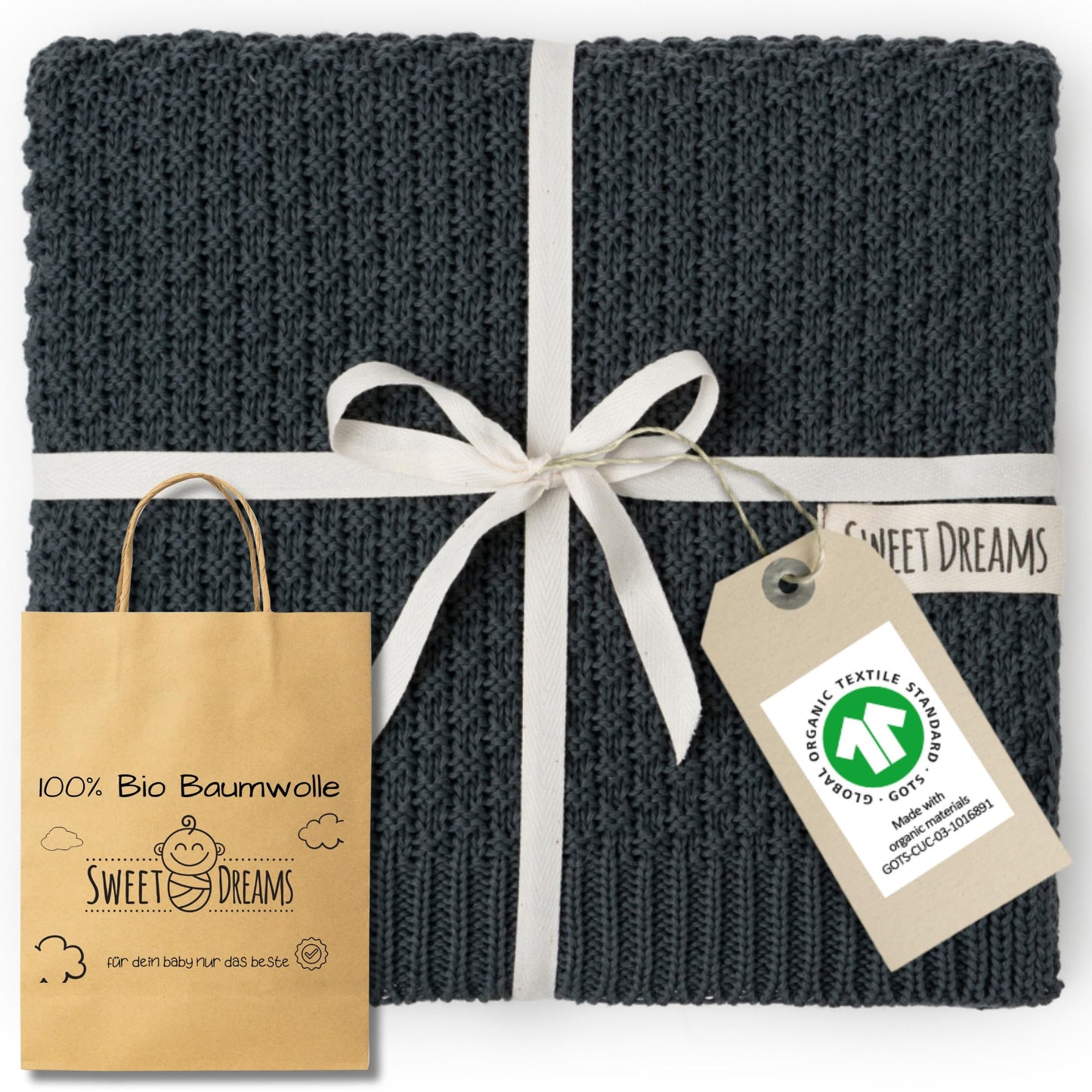Mikos Babydecke GOTS 100% Bio Baumwolle-Weiche Strick Kuscheldecke Baumwolle-Warme Baumwolldecke für Neugeborene - Perfekt für Baby Erstausstattung - Vielseitige Baby Winterdecke (1043 Dunkelgrau)