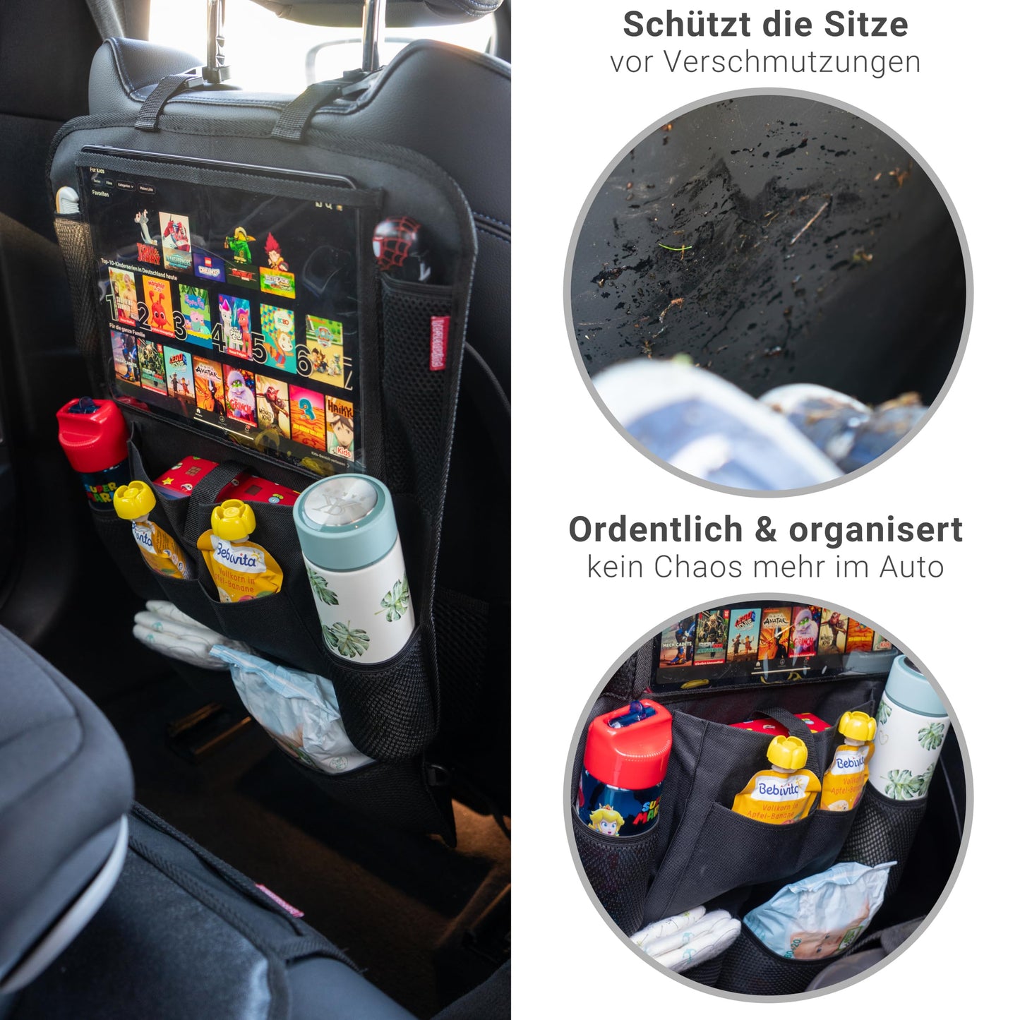HerzensKind Rückenlehnenschutz und Organizer. Auto Organizer mit extra großem 13" Tabletfach und 9 Taschen. Sitzschoner mit Tablethalter für Autofahrten mit Kindern.(1 Stück)