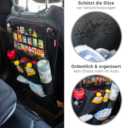 HerzensKind Rückenlehnenschutz und Organizer. Auto Organizer mit extra großem 13" Tabletfach und 9 Taschen. Sitzschoner mit Tablethalter für Autofahrten mit Kindern.(1 Stück)