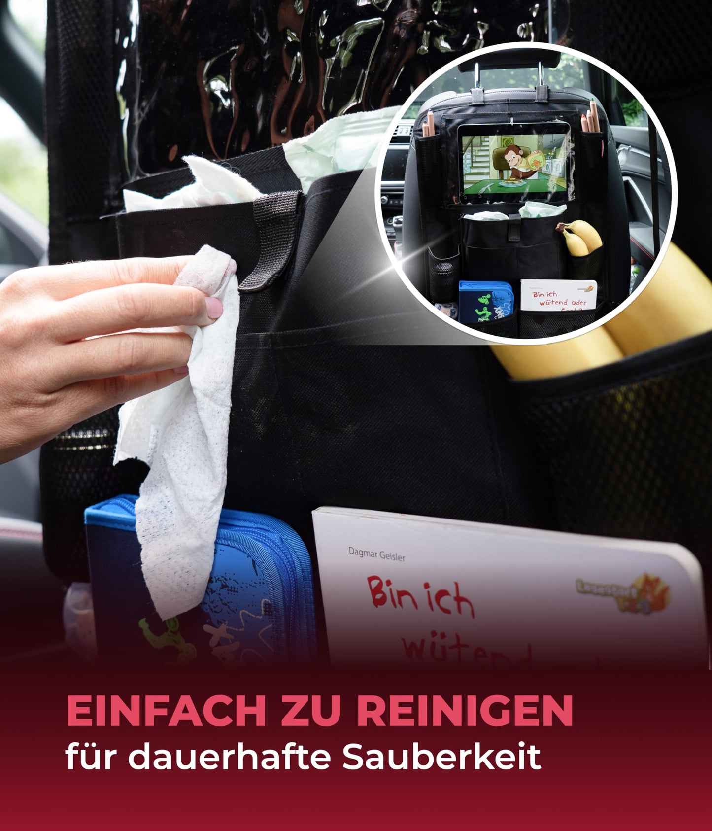 HerzensKind Rückenlehnenschutz und Organizer. Auto Organizer mit extra großem 13" Tabletfach und 9 Taschen. Sitzschoner mit Tablethalter für Autofahrten mit Kindern.(1 Stück)