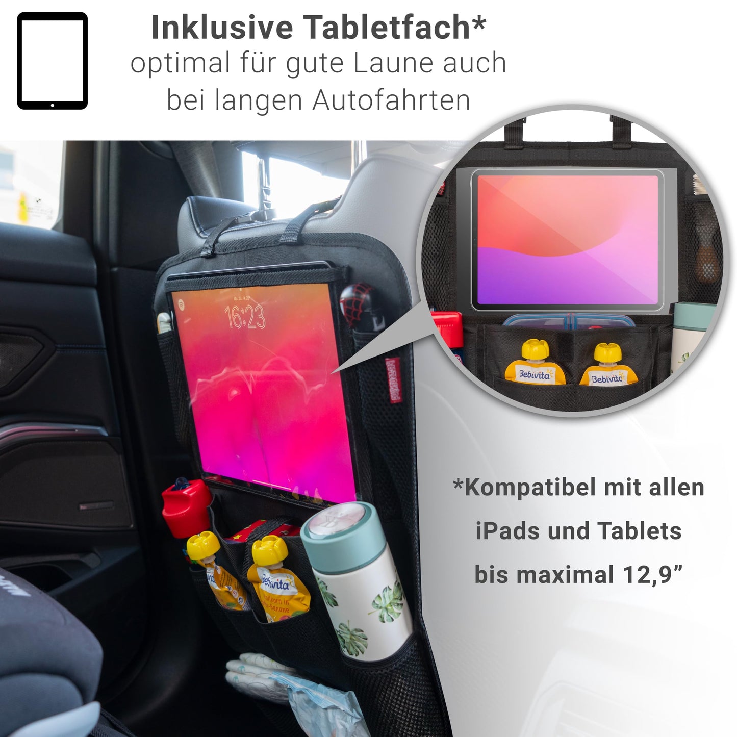 HerzensKind Rückenlehnenschutz und Organizer. Auto Organizer mit extra großem 13" Tabletfach und 9 Taschen. Sitzschoner mit Tablethalter für Autofahrten mit Kindern.(1 Stück)