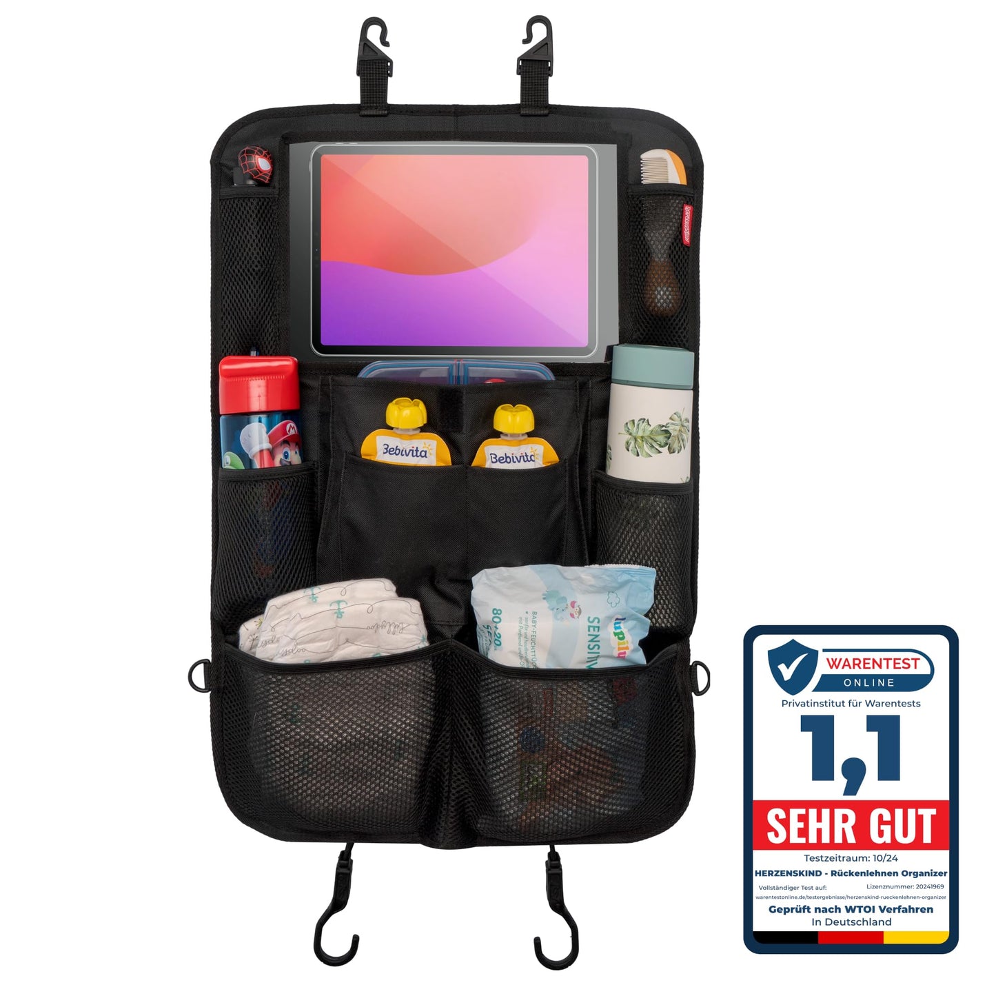 HerzensKind Rückenlehnenschutz und Organizer. Auto Organizer mit extra großem 13" Tabletfach und 9 Taschen. Sitzschoner mit Tablethalter für Autofahrten mit Kindern.(1 Stück)