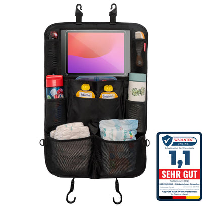 HerzensKind Rückenlehnenschutz und Organizer. Auto Organizer mit extra großem 13" Tabletfach und 9 Taschen. Sitzschoner mit Tablethalter für Autofahrten mit Kindern.(1 Stück)