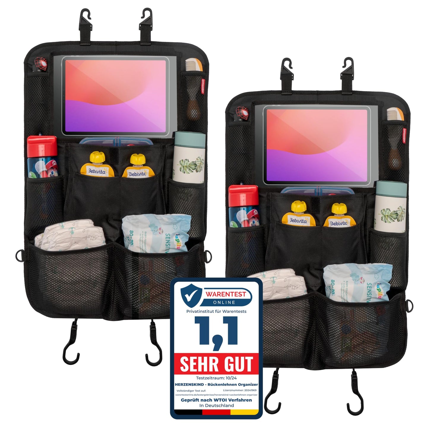HerzensKind Rückenlehnenschutz und Organizer. Auto Organizer mit extra großem 13" Tabletfach und 9 Taschen. Sitzschoner mit Tablethalter für Autofahrten mit Kindern.(1 Stück)