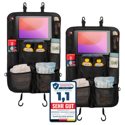 HerzensKind Rückenlehnenschutz und Organizer. Auto Organizer mit extra großem 13" Tabletfach und 9 Taschen. Sitzschoner mit Tablethalter für Autofahrten mit Kindern.(1 Stück)