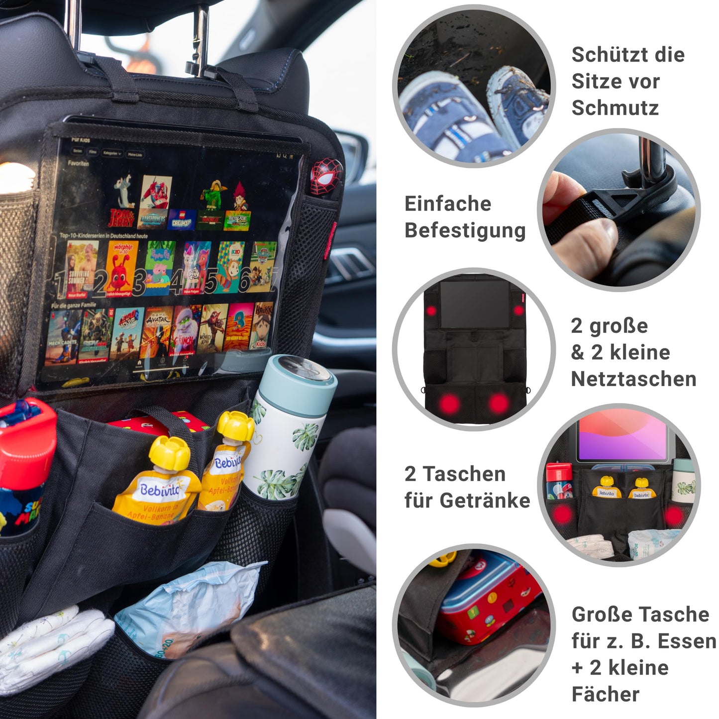 HerzensKind Rückenlehnenschutz und Organizer. Auto Organizer mit extra großem 13" Tabletfach und 9 Taschen. Sitzschoner mit Tablethalter für Autofahrten mit Kindern.(1 Stück)