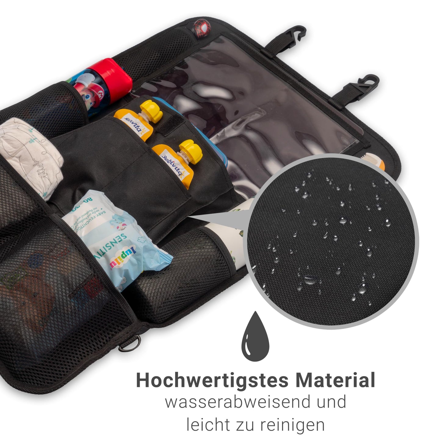 HerzensKind Rückenlehnenschutz und Organizer. Auto Organizer mit extra großem 13" Tabletfach und 9 Taschen. Sitzschoner mit Tablethalter für Autofahrten mit Kindern.(1 Stück)